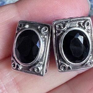 Vintage Sterling Silver 925 and Black Faceted Stone Pierced Earrings Gift Ready